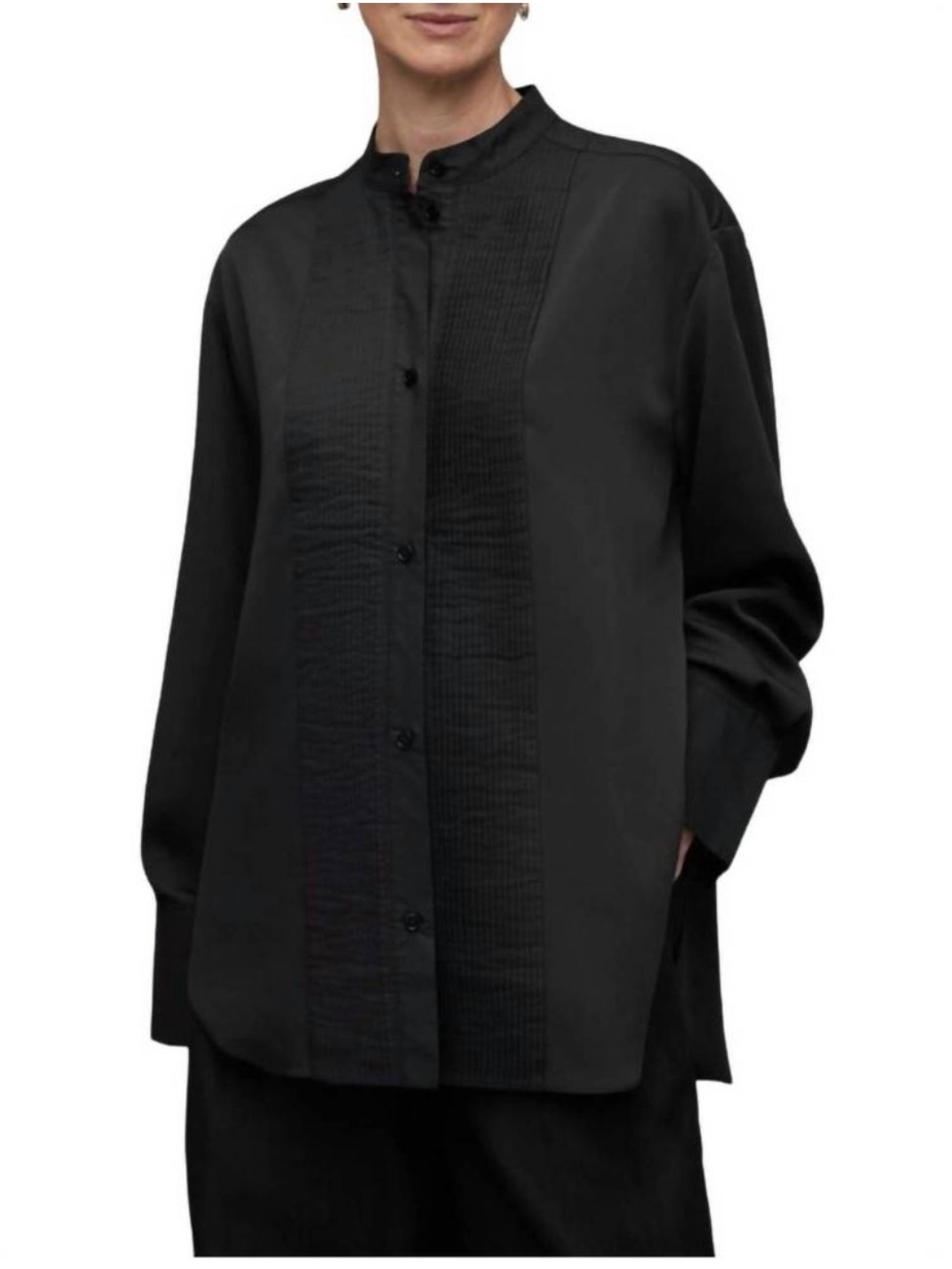 ALL SAINTS Women Black Mae Shirt Tux Style Pleat Front Mandarin Collar Top Sz 10
